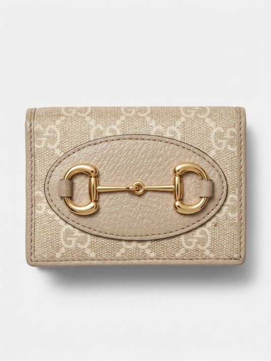 Gucci Handbags - Gucci Beige GG Canvas and Champagne Leather Mini Wallet with Gold Horsebit